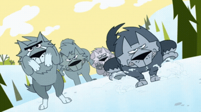 A Cartoon Drawing Of A Group Of Dogs Running In The Snow GIF