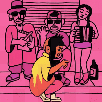 A Cartoon Drawing Of A Group Of People Including A Woman Holding An Accordion GIF