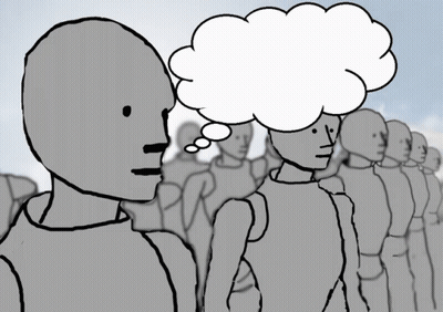 A Cartoon Drawing Of A Group Of People With A Thought Bubble Above Their Heads GIF
