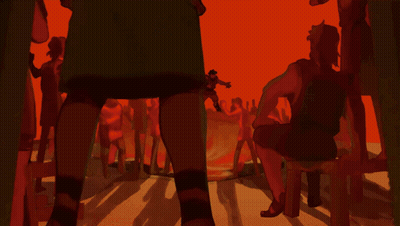 A Cartoon Drawing Of A Group Of Red Men Surrounded By Red Faces GIF