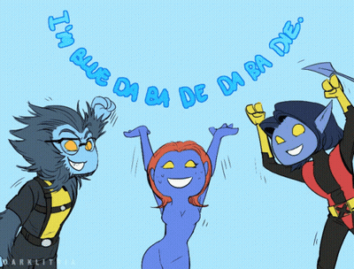 A Cartoon Drawing Of A Group Of X-Men With The Words " I 'M Blue Da Ba De Da Ba Die " GIF