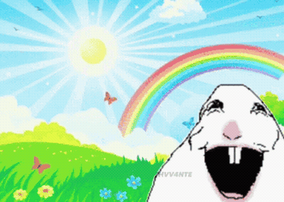 A Cartoon Drawing Of A Hamster With Its Mouth Open And A Rainbow In The Background GIF