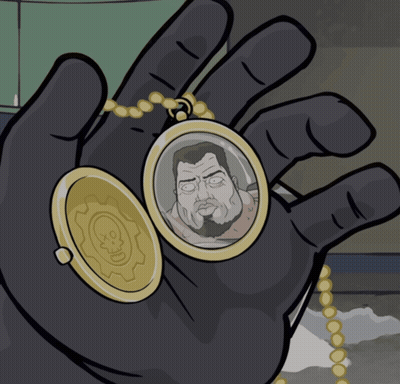 A Cartoon Drawing Of A Hand Holding A Pendant With A Picture Of A Man On It GIF