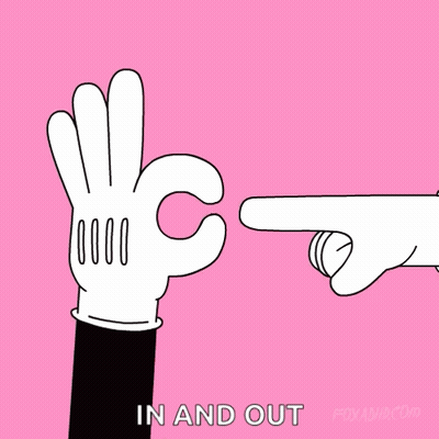 A Cartoon Drawing Of A Hand Pointing At Another Hand With The Words In And Out Below It GIF
