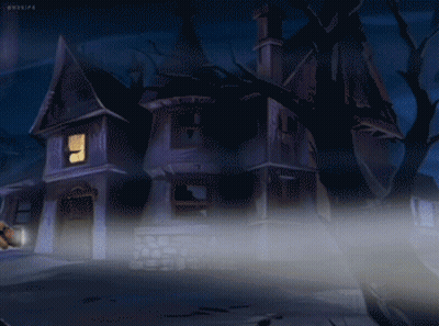 A Cartoon Drawing Of A Haunted House With A Person Holding A Flashlight GIF