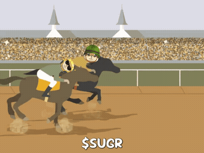 A Cartoon Drawing Of A Horse Race With A Jockey On A Horse With The Word $ Sucr Below It GIF