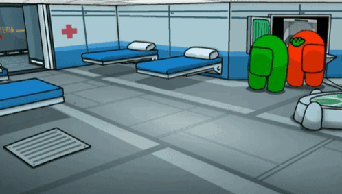 A Cartoon Drawing Of A Hospital Room With Beds And A Red Cross On The Wall GIF