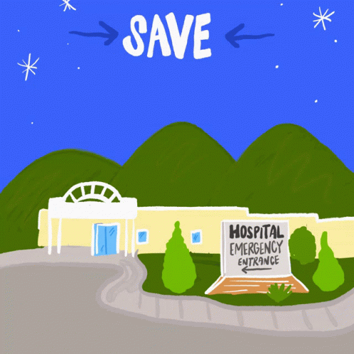 A Cartoon Drawing Of A Hospital With Mountains In The Background And A Sign That Says Hospital Emergency Entrance GIF