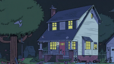 A Cartoon Drawing Of A House At Night With The Front Door Open GIF
