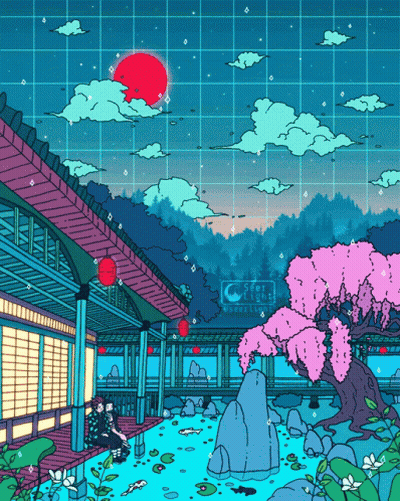 A Cartoon Drawing Of A House With A Cherry Blossom Tree GIF