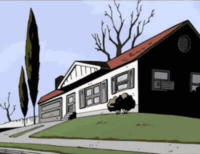 A Cartoon Drawing Of A House With A Red Roof And White Shutters GIF