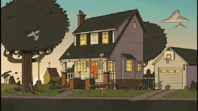 A Cartoon Drawing Of A House With A Tree In The Background GIF