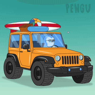 A Cartoon Drawing Of A Jeep With A Surfboard And A Beach Ball On Top Of It GIF