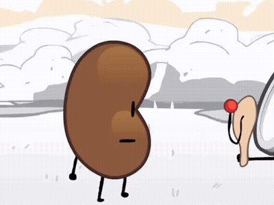 A Cartoon Drawing Of A Kidney And A Spoon With A Clock In The Background GIF