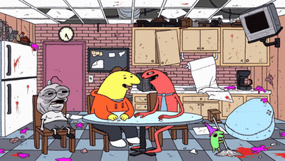 A Cartoon Drawing Of A Kitchen With A Clock On The Wall And A Tv GIF