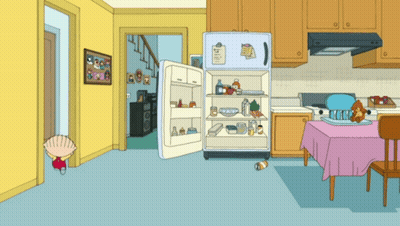 A Cartoon Drawing Of A Kitchen With An Open Refrigerator And A Note On It GIF
