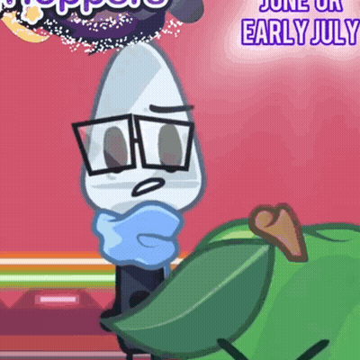 A Cartoon Drawing Of A Knife Holding A Green Apple With The Words June On Early July On The Bottom GIF