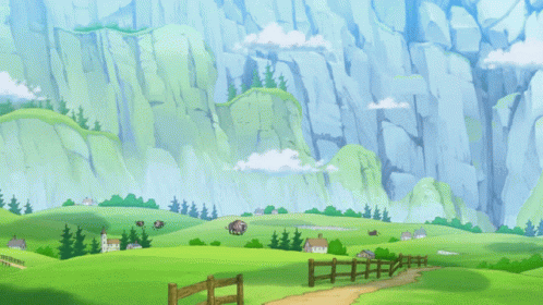 A Cartoon Drawing Of A Landscape With A Water Wheel GIF