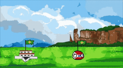 A Cartoon Drawing Of A Landscape With Flags And A Ball With The Letter O On It GIF