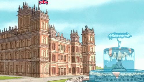 A Cartoon Drawing Of A Large Building With A Fountain In Front Of It GIF