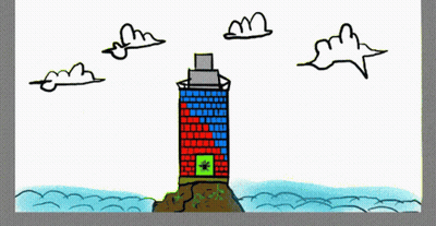 A Cartoon Drawing Of A Lighthouse On A Hill GIF