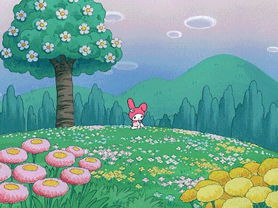 A Cartoon Drawing Of A Little Girl In A Field Of Flowers With A Tree In The Background GIF