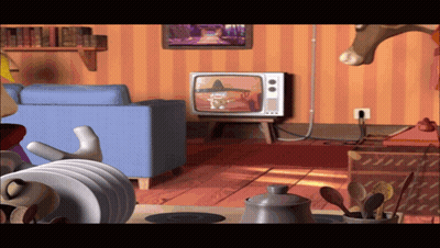 A Cartoon Drawing Of A Living Room With A Blue Couch GIF