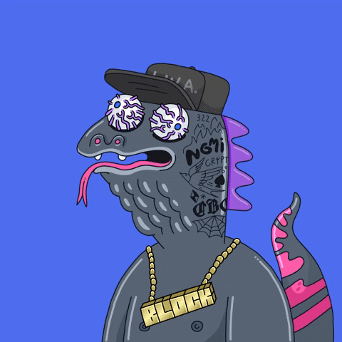 A Cartoon Drawing Of A Lizard Wearing A Hat And A Necklace That Says Clock GIF