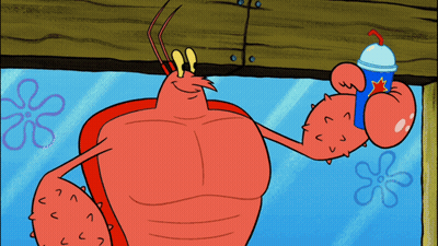 A Cartoon Drawing Of A Lobster Drinking From A Blue Cup With A Star On It GIF