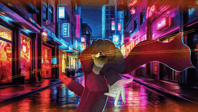 A Cartoon Drawing Of A Man And A Cat In A Neon City With A Sign That Says ' Tokyo ' GIF