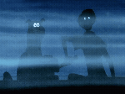 A Cartoon Drawing Of A Man And A Dog With Their Eyes Glowing In The Dark GIF