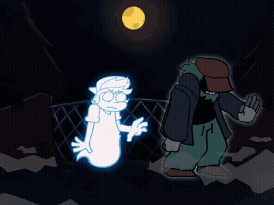 A Cartoon Drawing Of A Man And A Ghost With A Full Moon In The Background GIF