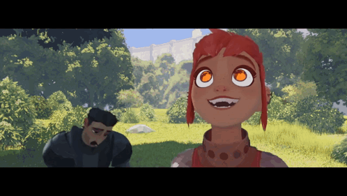 A Cartoon Drawing Of A Man And A Girl In A Field GIF