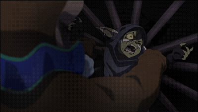 A Cartoon Drawing Of A Man And A Goblin With Yellow Eyes GIF