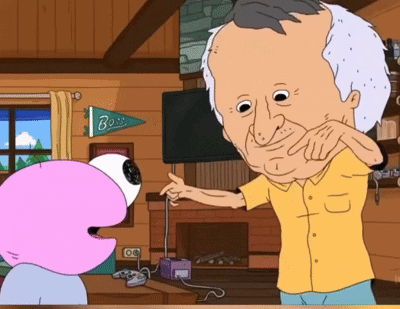 A Cartoon Drawing Of A Man And A Pink Monster With A Banner That Says Bass GIF