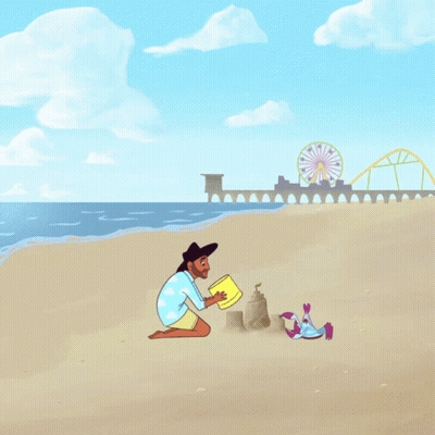 A Cartoon Drawing Of A Man And Child Playing On A Beach With A Ferris Wheel In The Background GIF