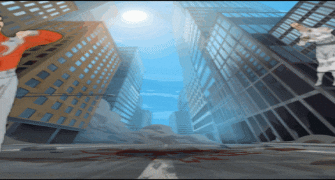 A Cartoon Drawing Of A Man And Woman Standing In A City GIF