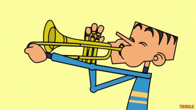 A Cartoon Drawing Of A Man Blowing A Trumpet With The Word Twinkle Below Him GIF