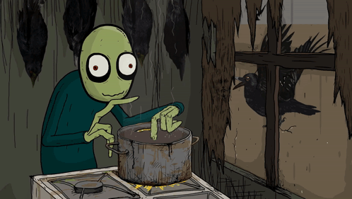 A Cartoon Drawing Of A Man Cooking With A Crow Behind Him GIF