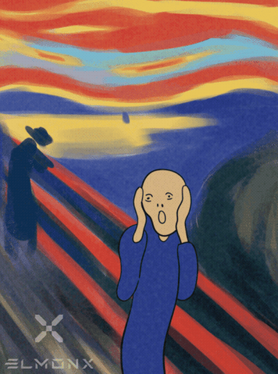 A Cartoon Drawing Of A Man Covering His Ears With A Elmonx Logo GIF