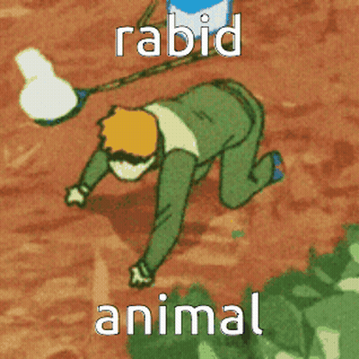 A Cartoon Drawing Of A Man Crawling On The Ground With Rabid Animal Written Below Him GIF