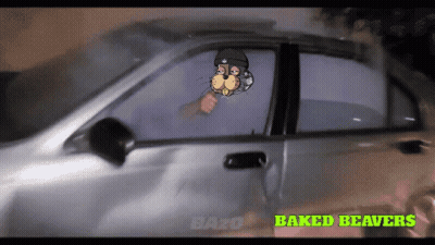 A Cartoon Drawing Of A Man Driving A Car With Baked Beavers Written On The Bottom GIF
