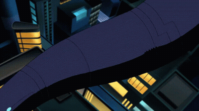 A Cartoon Drawing Of A Man Flying Through A City GIF