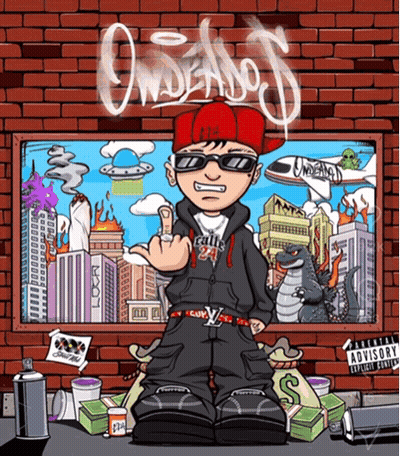 A Cartoon Drawing Of A Man Giving The Middle Finger With The Word Underground Written On The Brick Wall Behind Him GIF