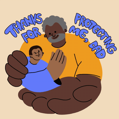 A Cartoon Drawing Of A Man Holding A Child With The Words Thanks For Me Protecting Dad GIF
