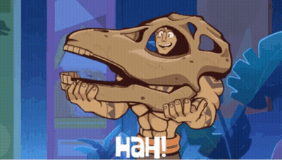 A Cartoon Drawing Of A Man Holding A Dinosaur Skull With The Word Hah On The Bottom Right GIF