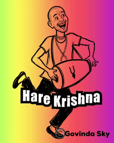 A Cartoon Drawing Of A Man Holding A Drum With The Words Hare Krishna Below Him GIF