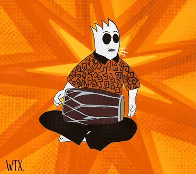 A Cartoon Drawing Of A Man Holding A Drum With Wtx Written On The Bottom Right GIF