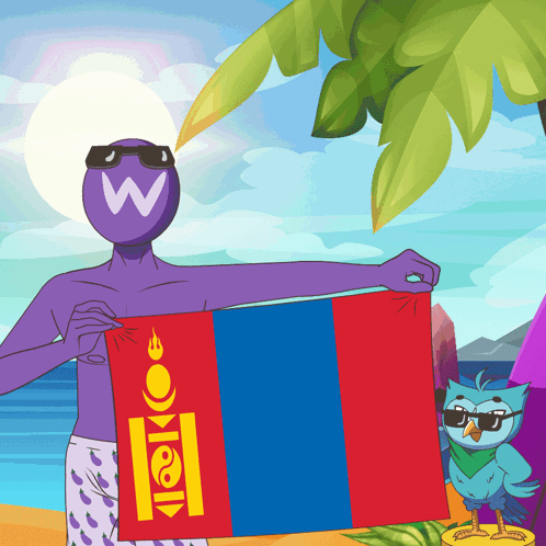 A Cartoon Drawing Of A Man Holding A Flag With A W On His Head GIF