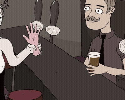A Cartoon Drawing Of A Man Holding A Glass And A Woman Holding A Beer GIF